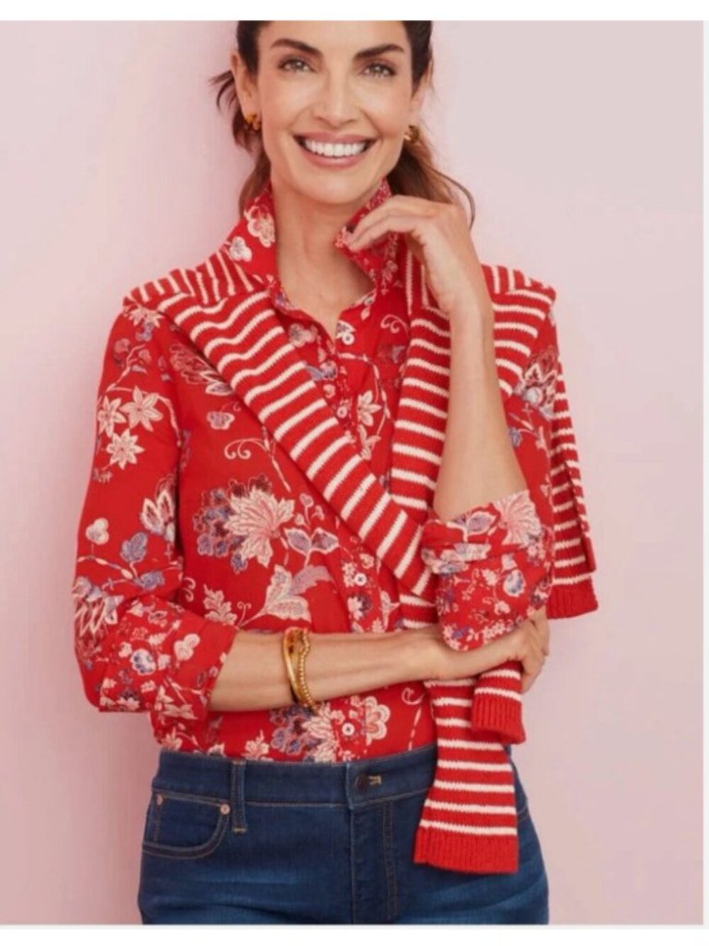 Talbots 100% Cotton Red Floral Paisley Long Sleeve Button Down Shirt Size Large
